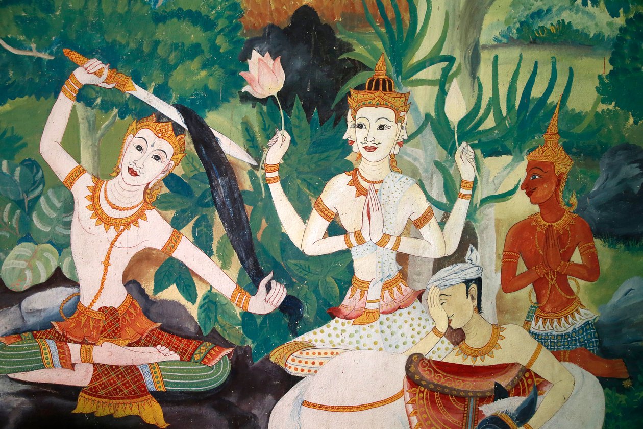 Freskó Wat Ampharamban, Hua Hinben, Thaiföldön. Buddha levágatta a haját, és lemondott korábbi életéről. alkotó: Unknown