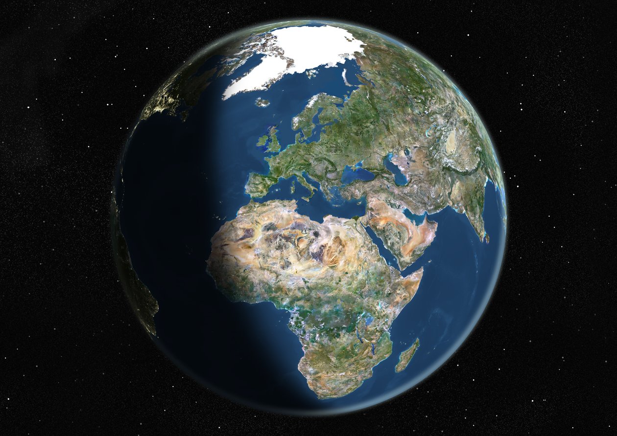 Földgömb Európa és Afrika középpontjában, színes műholdas kép alkotó: Unknown