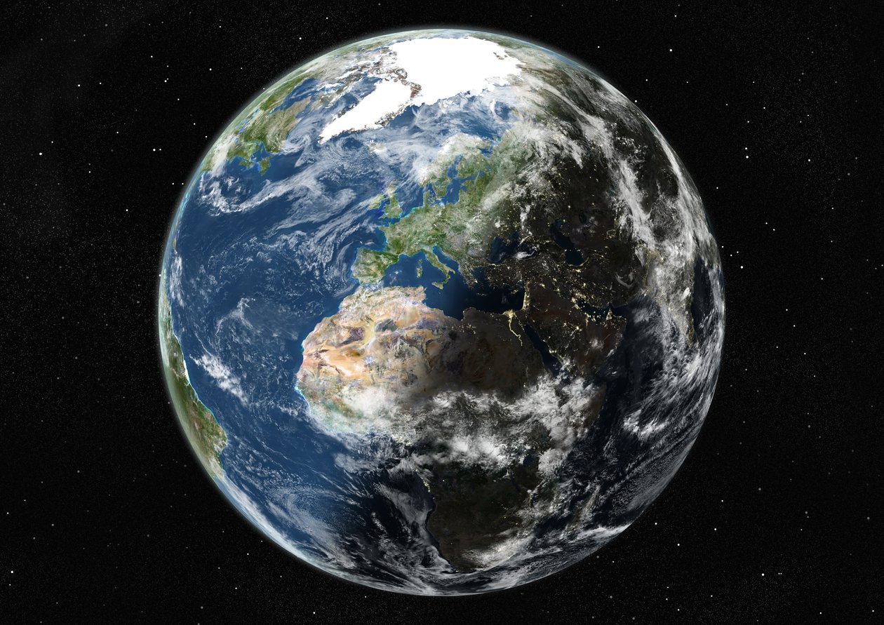 Földgömb Európa és Afrika középpontjában, színes műholdas kép alkotó: Unknown