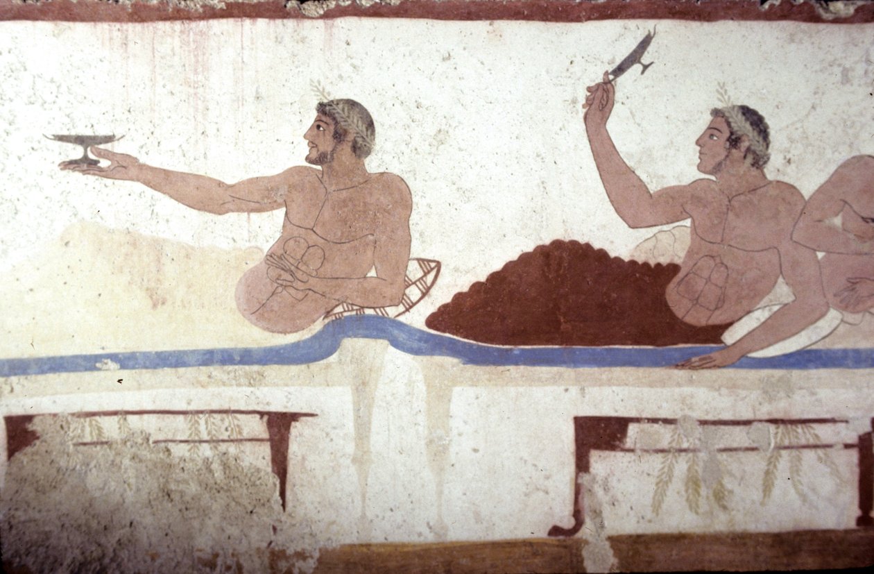 Görög festmény a búvár sírjából, Paestum, Kr.e. 480 bankett. Szimpózium jelenet, Olaszország alkotó: Unknown