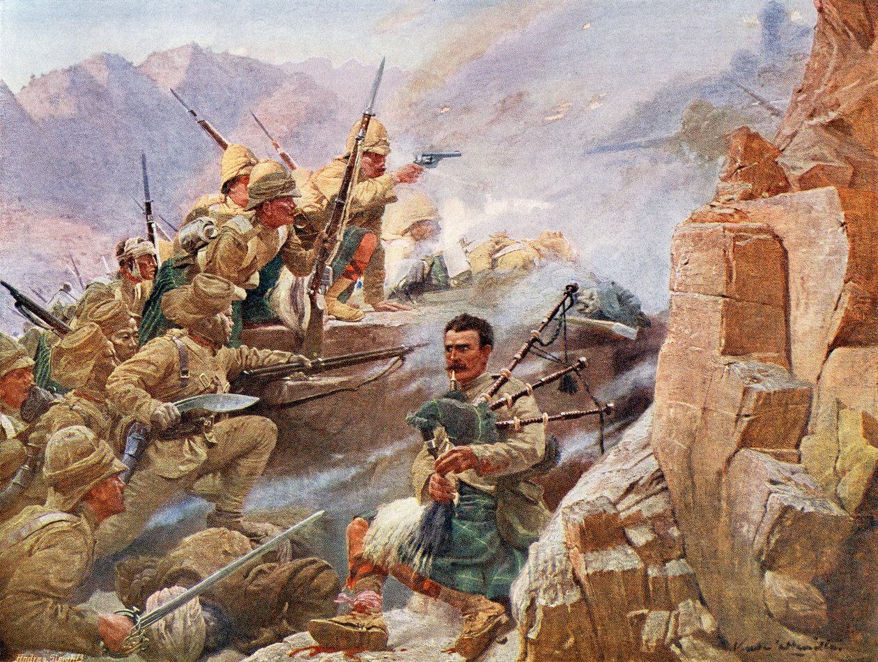 A kukrival vagy khukurival, egy befelé hajlított pengéjű nepáli késsel felfegyverzett gurkhák a gordoni hegyvidékiek tagjaival együtt, akik 1897-ben a Tirah-hadjárat során megrohamozták a Dargai-fennsíkot. alkotó: Unknown
