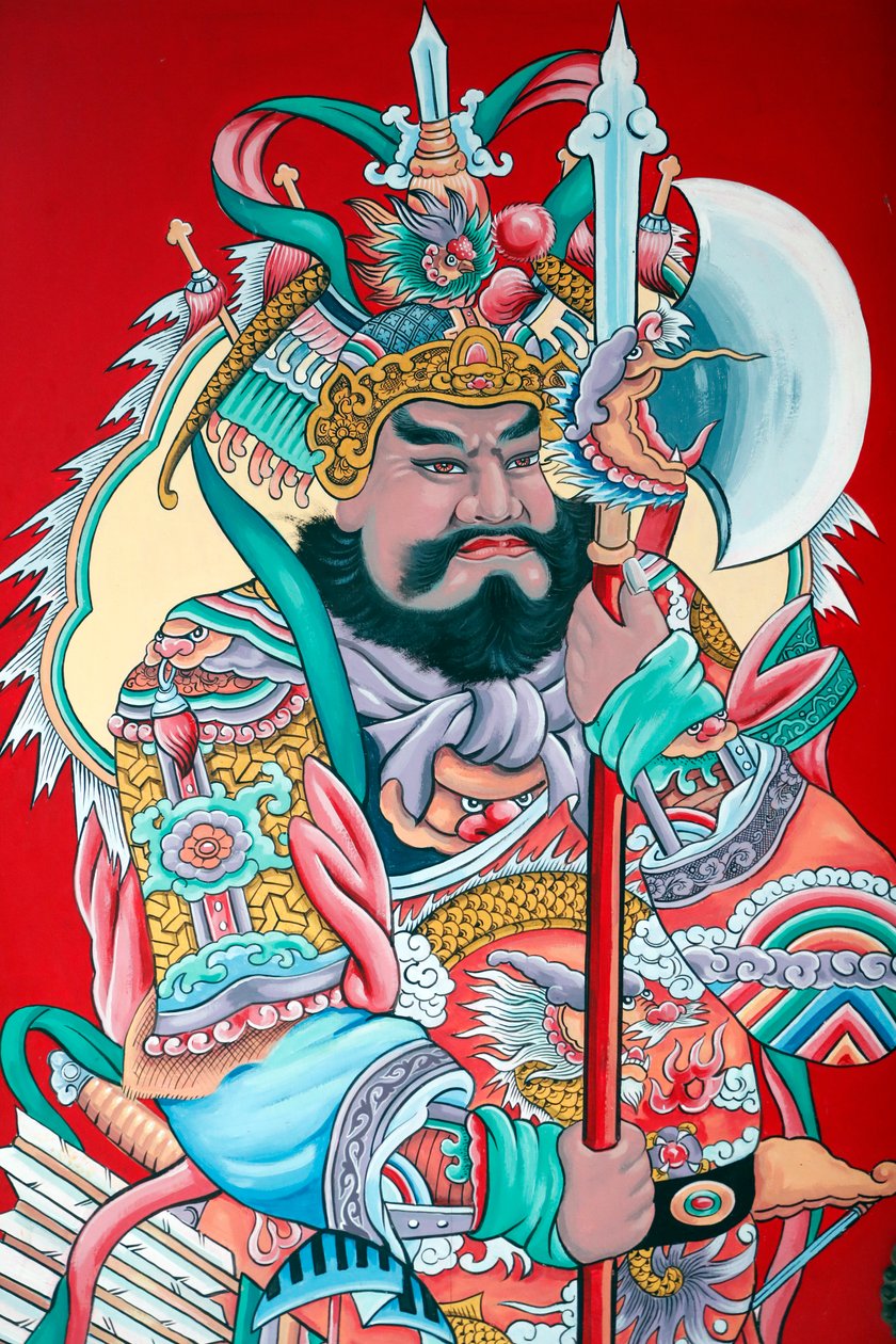 Hoi Tuong Te Nguoi Hoa buddista kínai templom. Őrző figura festmények a kapun. Phu Quoc. Vietnam. alkotó: Unknown