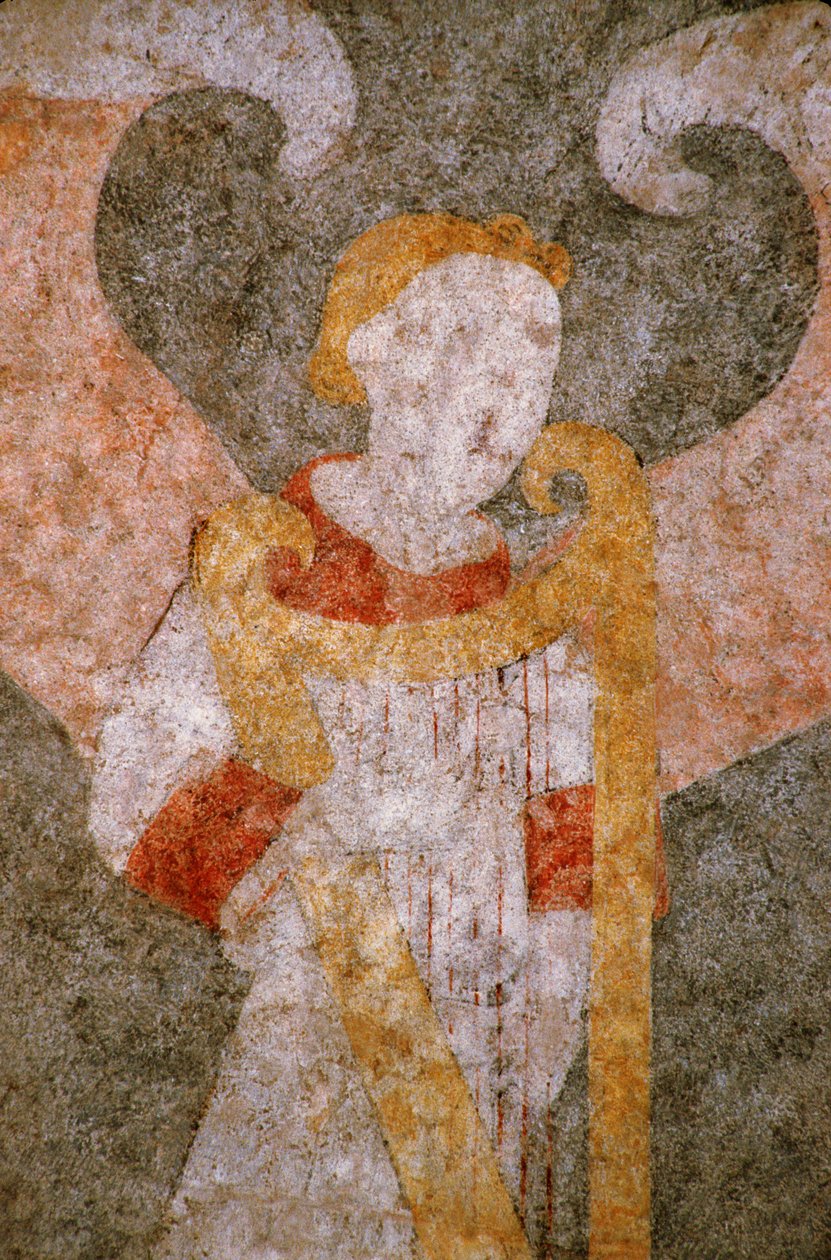 Loire Atlantique N* 081 - St-Sulpice des Landes - „Régi faluként” ismert templom - 15. századi falfestmény - A boltozat angyala, aki a „rebec”-et játszik (viola) alkotó: Unknown