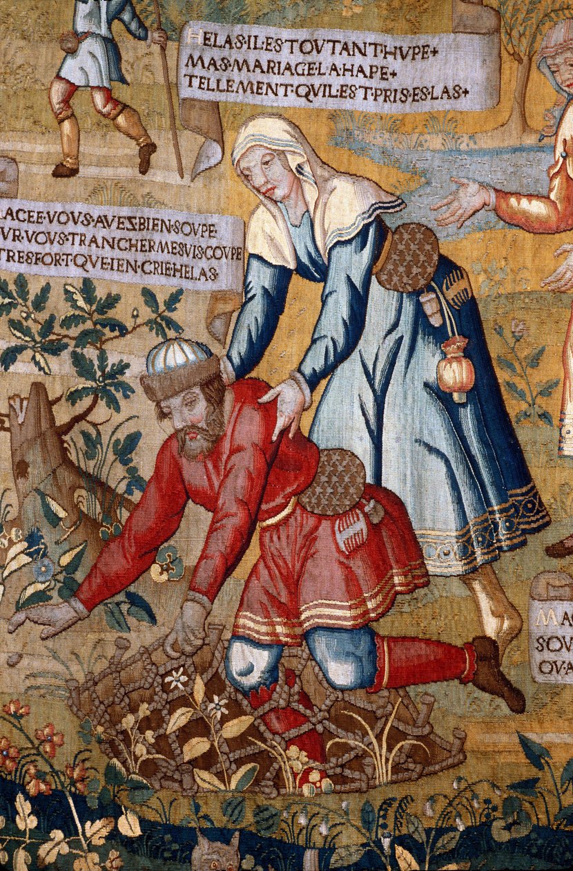 Manche N * 075, Musee de St Lo, „” Les amours de Gombeau (Gombault) és Buzogány (Macee)”, Részlet gobelin alkotó: Unknown