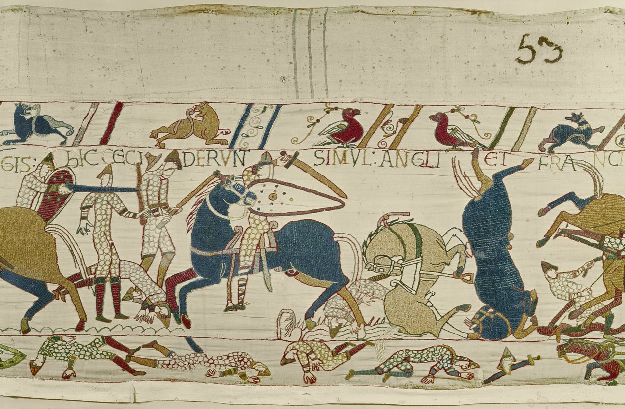 Normans és angol ősz egymás mellett a csatában, Bayeux gobelin (gyapjú hímzés vászonon) alkotó: Unknown