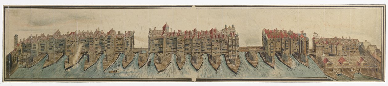 Old London Bridge 1600 körül, W. Griggs 1881-ben másolta le a Pepys gyűjtemény rajzáról a Magdalene College-ban, Cambridge alkotó: Unknown