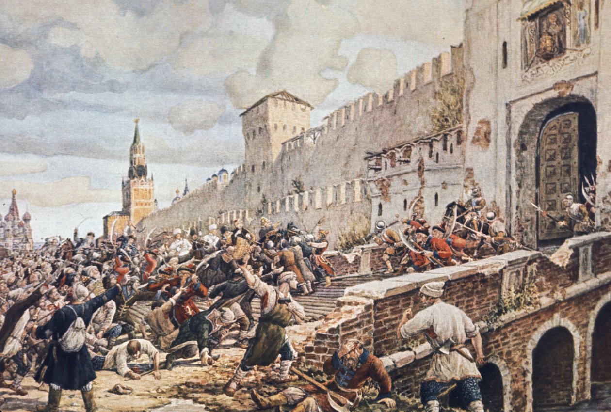 Az 1648-as moszkvai paraszti munkásfelkelés, a lázadás a korrupt adóztatás (különösen a só), az élelmiszerhiány és a valuta leértékelődése ellen volt, ami felfújta a fogyasztási cikkeket. alkotó: Unknown