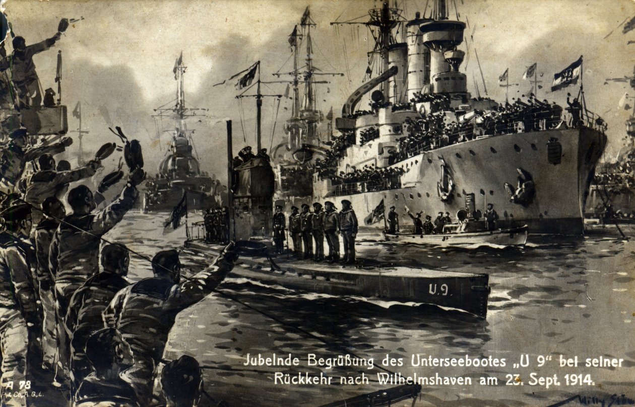 A tengerészek képeslapja üdvözli az U9-es tengeralattjárót annak visszatérésekor Wilhelmshavenbe, 1914. szeptember 23. alkotó: Unknown