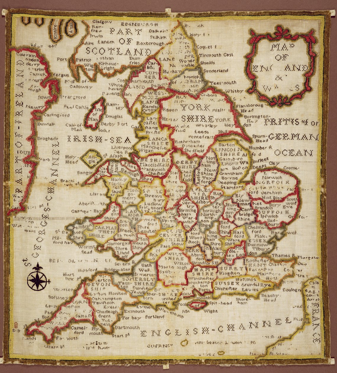Anglia és Wales térképét ábrázoló mintadarab, lánc, dupla hát és szaténöltés, Ann Seaton, Lincoln, 1798 alkotó: Unknown