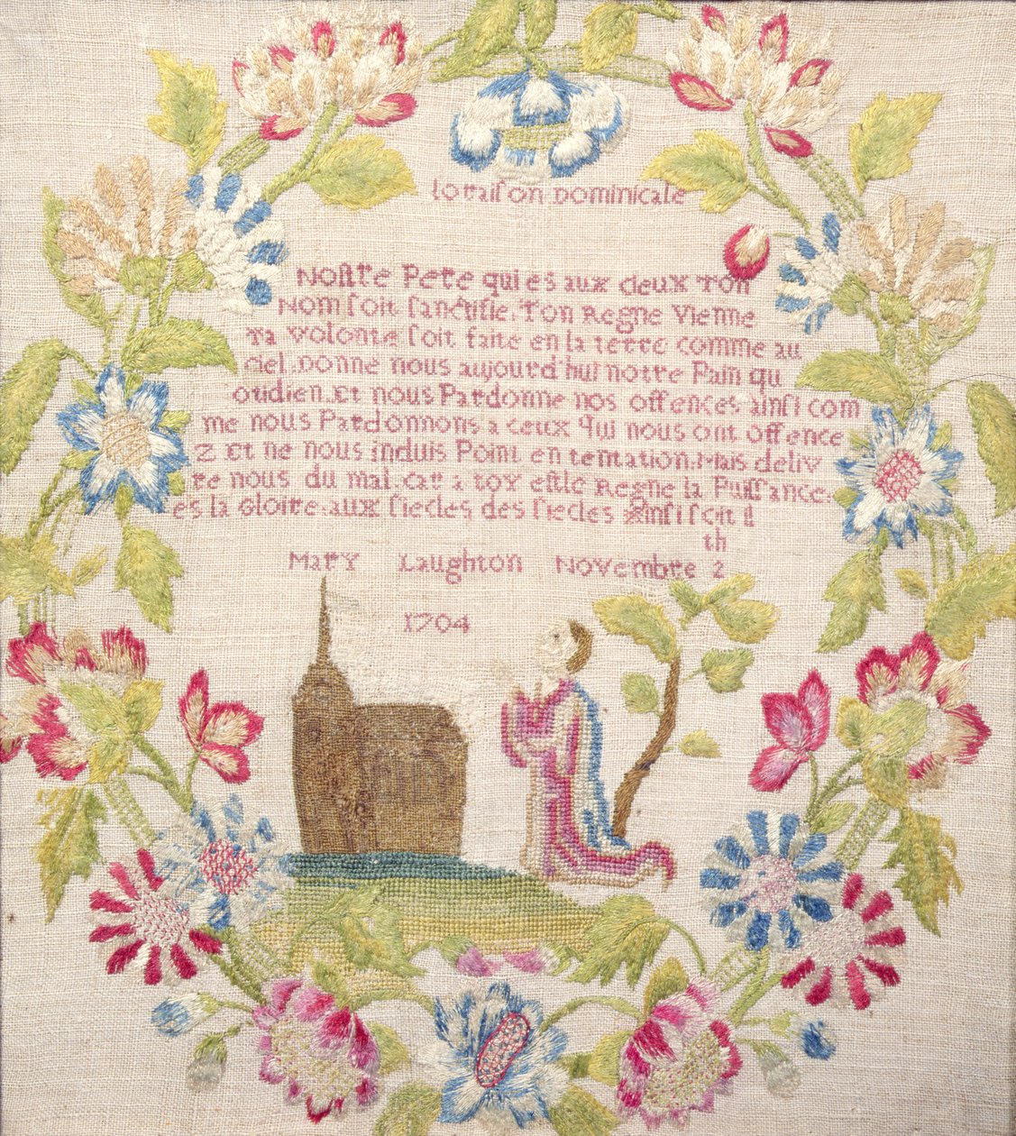 Sampler francia nyelvű Lords Prayer felirattal egy térdelő alak fölött, készítette: Mary Laughton, 1704 (selyemmű) Mary Laughton, 1704 alkotó: Unknown