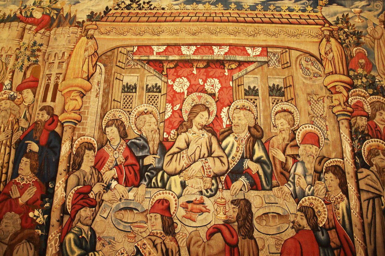 Vatikáni Múzeum: gobelin az utolsó vacsorával - (az Episodes from the Passióból, Tournai?, 15. század vége) (Galleria di San Pio V, Szent V. Pius Galéria) alkotó: Unknown