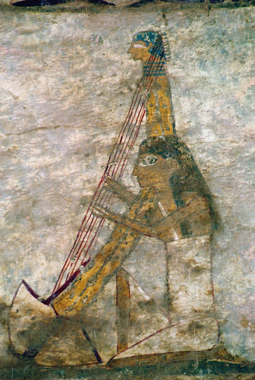 Íves hárfán játszó nő, sírfalfestmény részlete, egyiptomi, ó-középbirodalom (festett mészkő) alkotó: Unknown