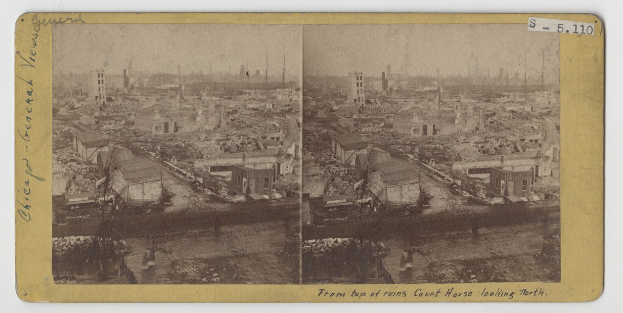 Sztereográfia a bírósági épület romjainak tetejéről, észak felé nézve, az 1871-es chicagói tűzvész után alkotó: American Photographer