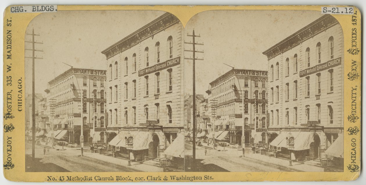 Sztereográfia a metodista templom blokkjáról a Clark és a Washington Streets sarkán, Chicago, 1871 (bw fotó a kártyatartón) alkotó: American Photographer