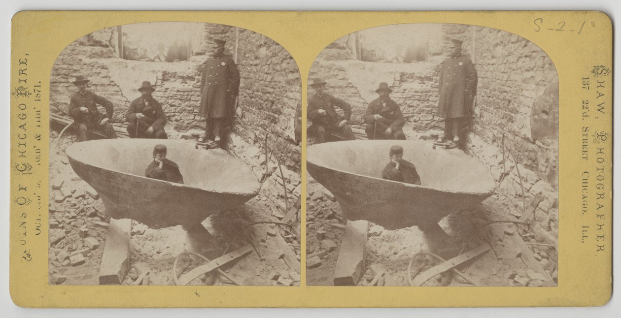 A bírósági harang sztereográf képe az 1871-es chicagói tűzvész után alkotó: American Photographer