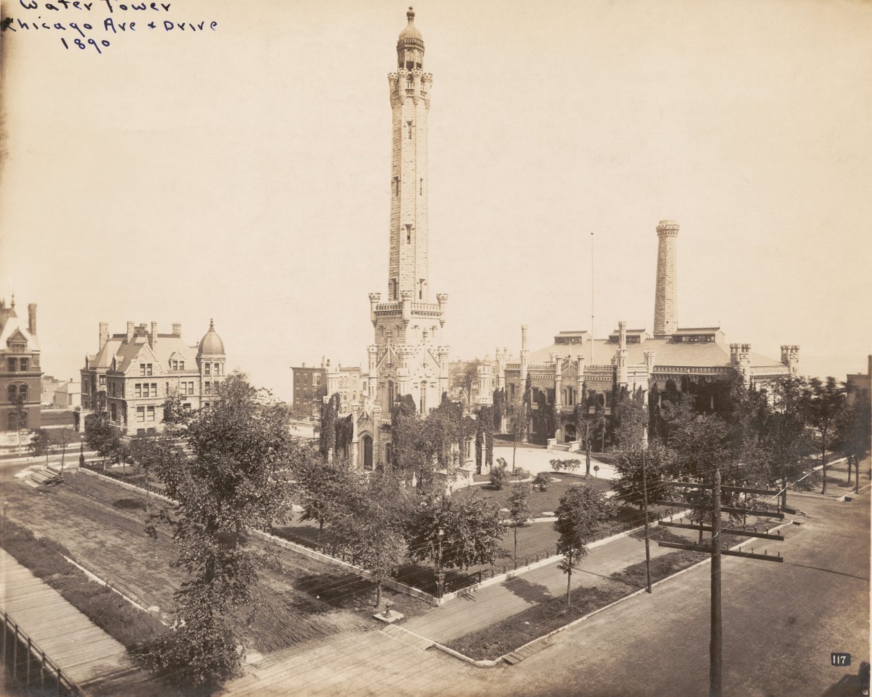 Kilátás a Chicago Avenue víztoronyra és a szivattyúállomásra, Chicago, 1890 alkotó: American Photographer