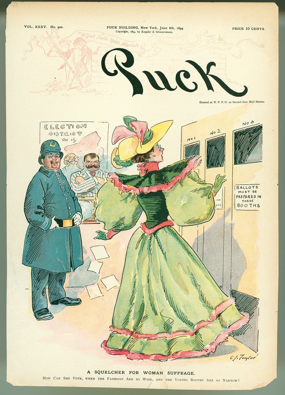A Squelcher for Woman Suffrage, a Puck magazin borítójának illusztrációja, 1894. június 6. alkotó: American School