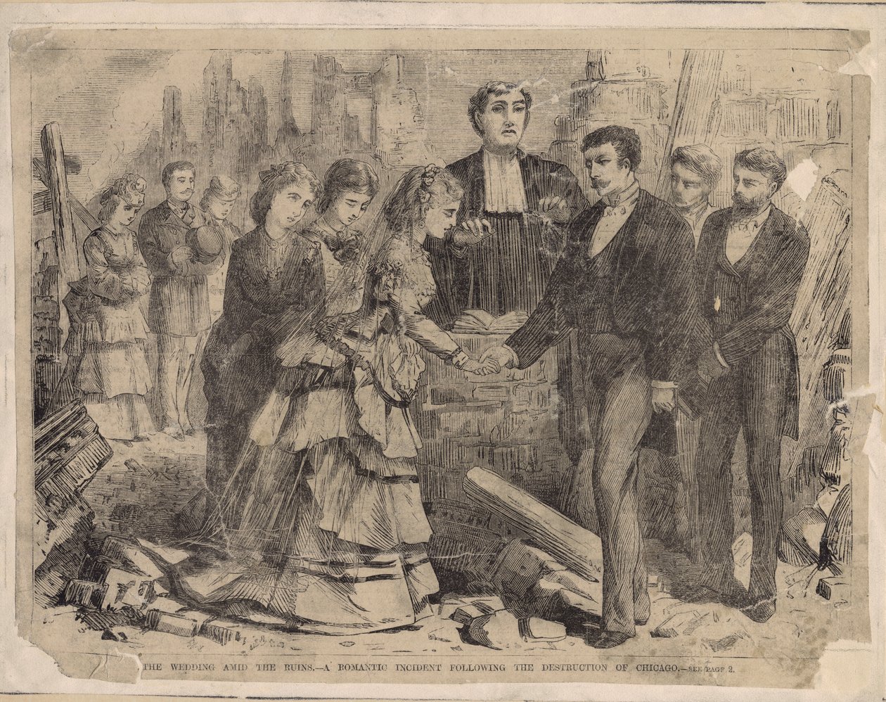 Esküvő a romok között – Romantikus esemény Chicago lerombolását követően, illusztráció a Harpers Weeklyből, 1871 alkotó: American School