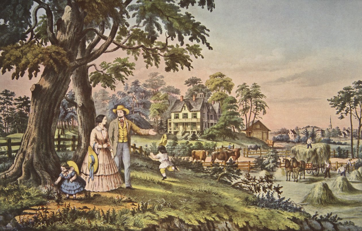 Amerikai vidéki élet, nyári este, kocsma. 1855, Currier & Ives alkotó: American School