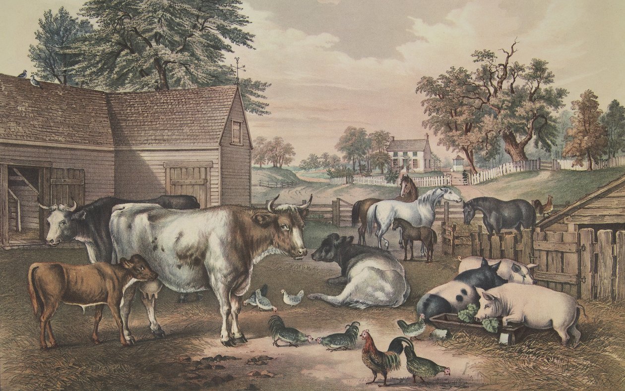 American Farm Yard - Este, kocsma. 1857, Currier & Ives alkotó: American School