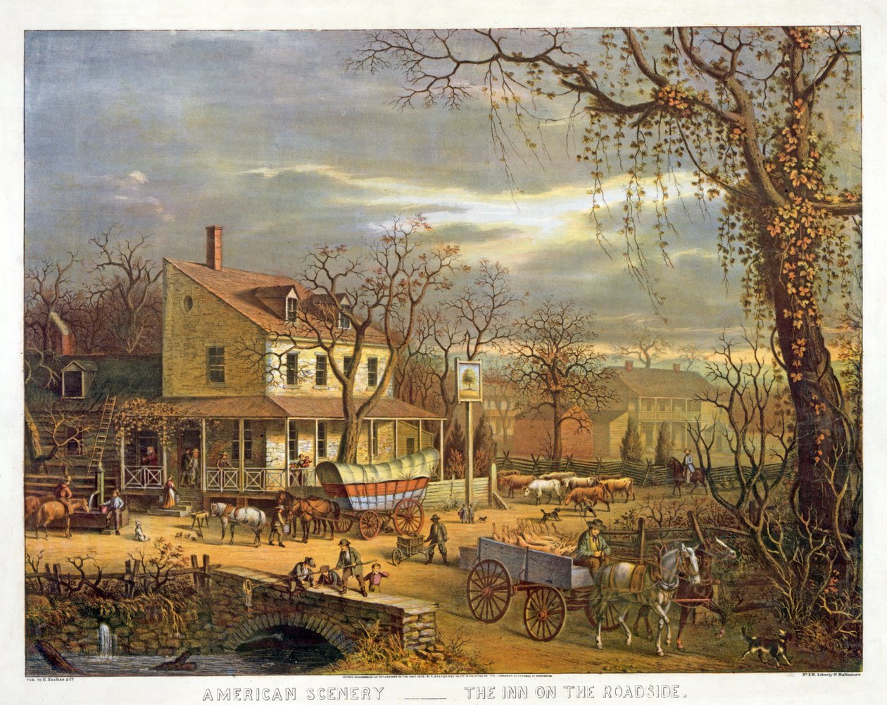 Amerikai táj – A fogadó az úton, kocsma. 1872 alkotó: American School