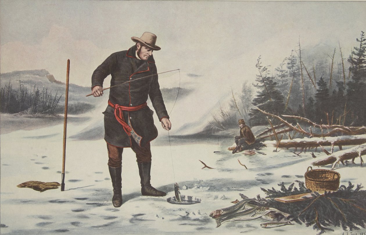 Amerikai téli sportok – Pisztránghorgászat a Chateaugay-tavon (Franklin County, N.Y.), pub. 1856, Currier & Ives alkotó: American School