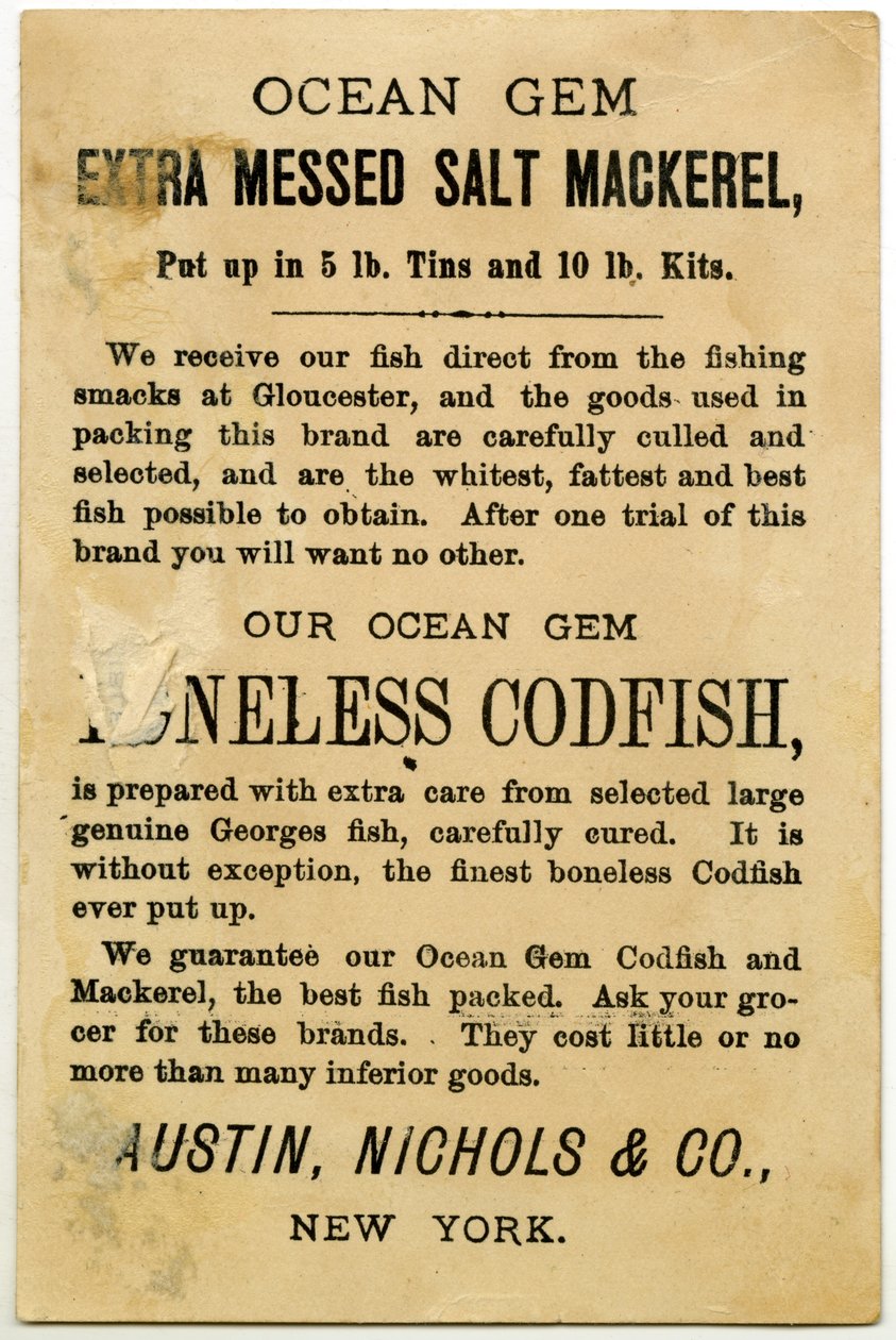 Austin, Nichols & Co. Ocean Gem makréla, kereskedelmi kártya verso. (litográfia [kereskedelmi kártya]) alkotó: American School