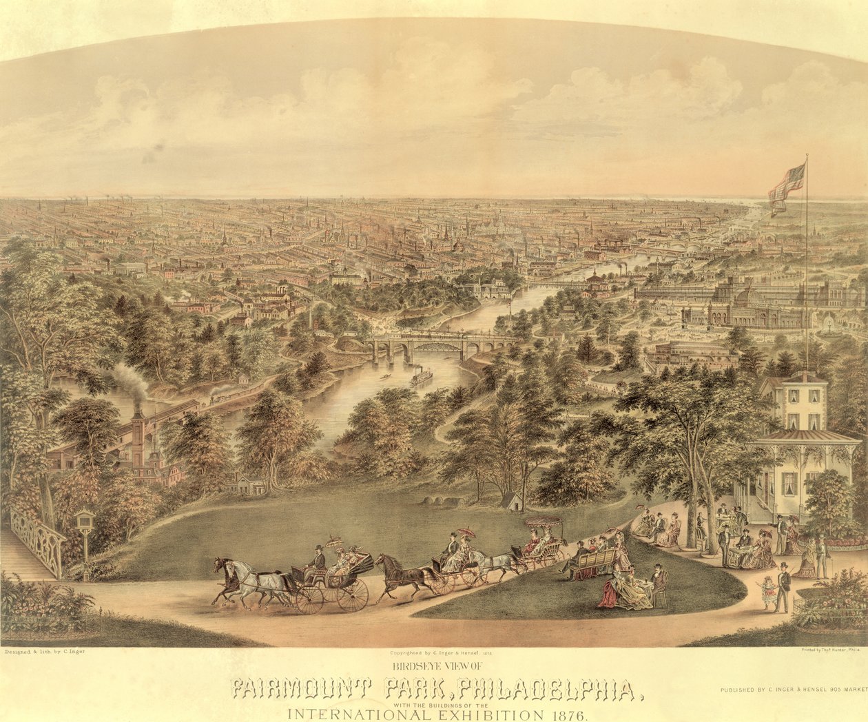 Madártávlati kilátás a Fairmount Parkra, Philadelphia, 1876 alkotó: American School