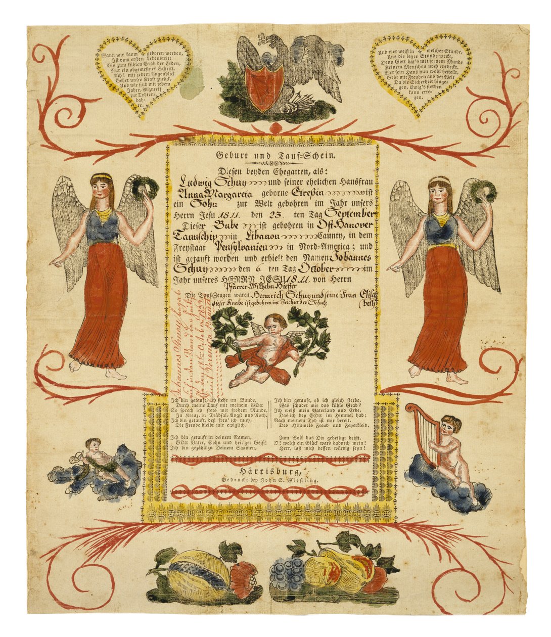 Születési és keresztelési anyakönyvi kivonat, c. 1828 (kézzel színezett fametszet fektetett papírra) alkotó: American School