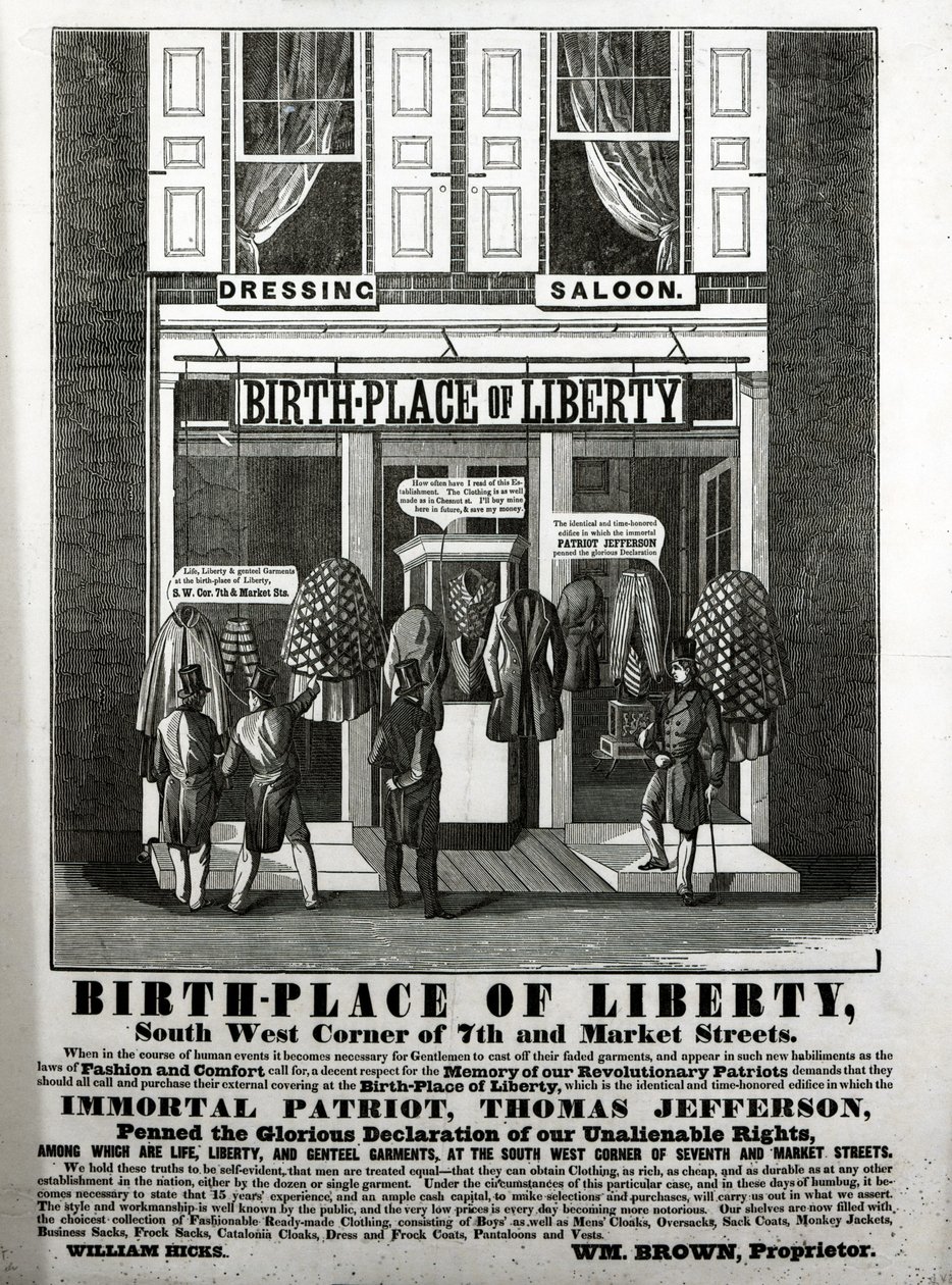 A Szabadság születési helye öltözőszalon, a 7. és a Market Street délnyugati sarkában..., amelyben a halhatatlan hazafi, Thomas Jefferson elidegeníthetetlen jogaink dicsőséges nyilatkozatát írta..., ( alkotó: American School