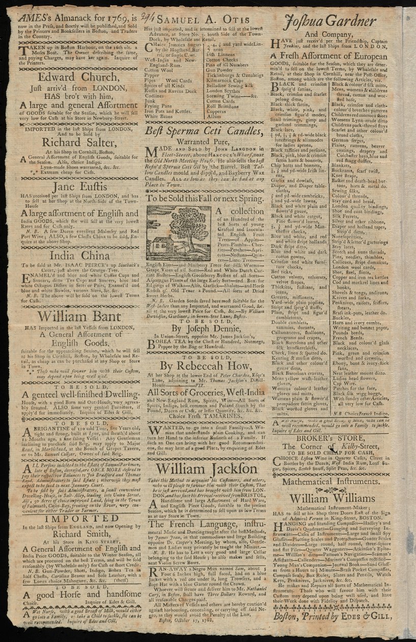 Boston A behozatali vámok és kereskedelmi korlátozások hatálya alá tartozó áruk reklámjai, a Boston Gazette és Country Journal, 1768. november 7. alkotó: American School
