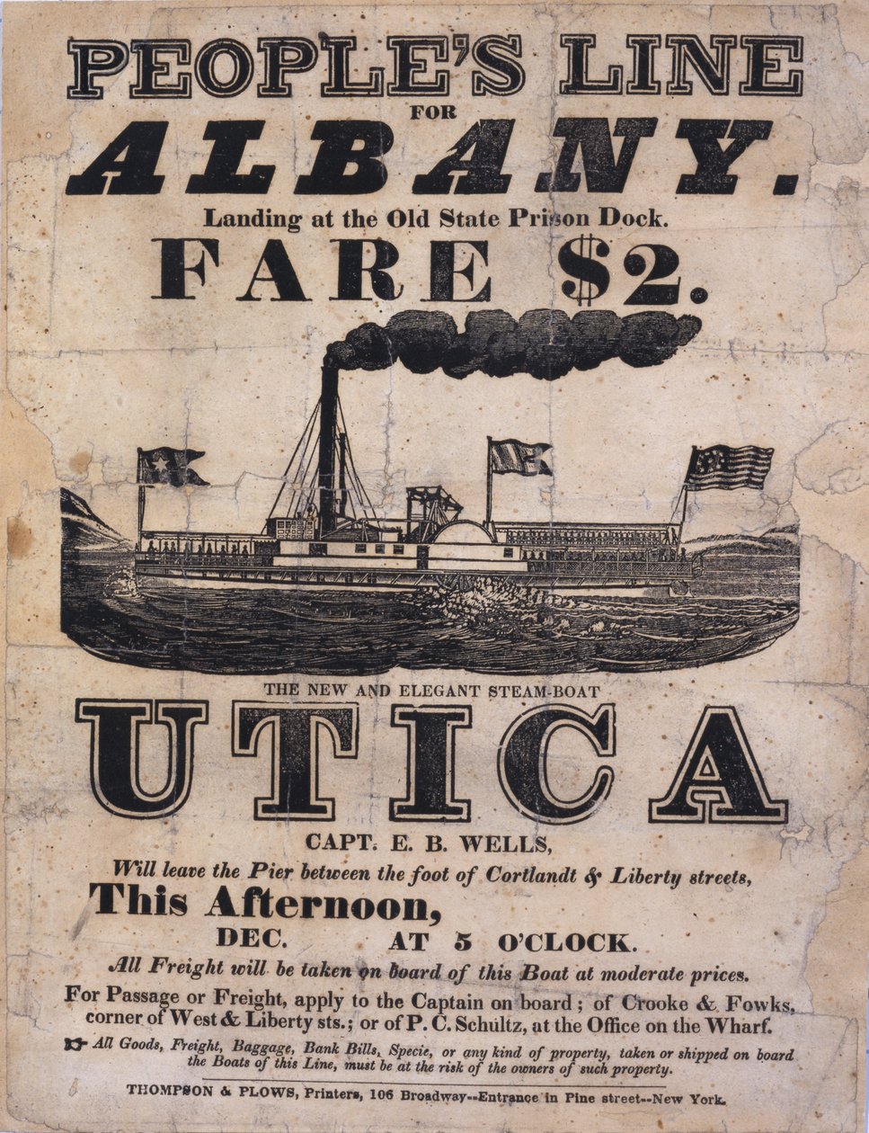 Az Albany, The New and Elegant Steamboat Utica nevű Peoples Line széles sávú reklámozása (nagynyomású széles oldal) alkotó: American School