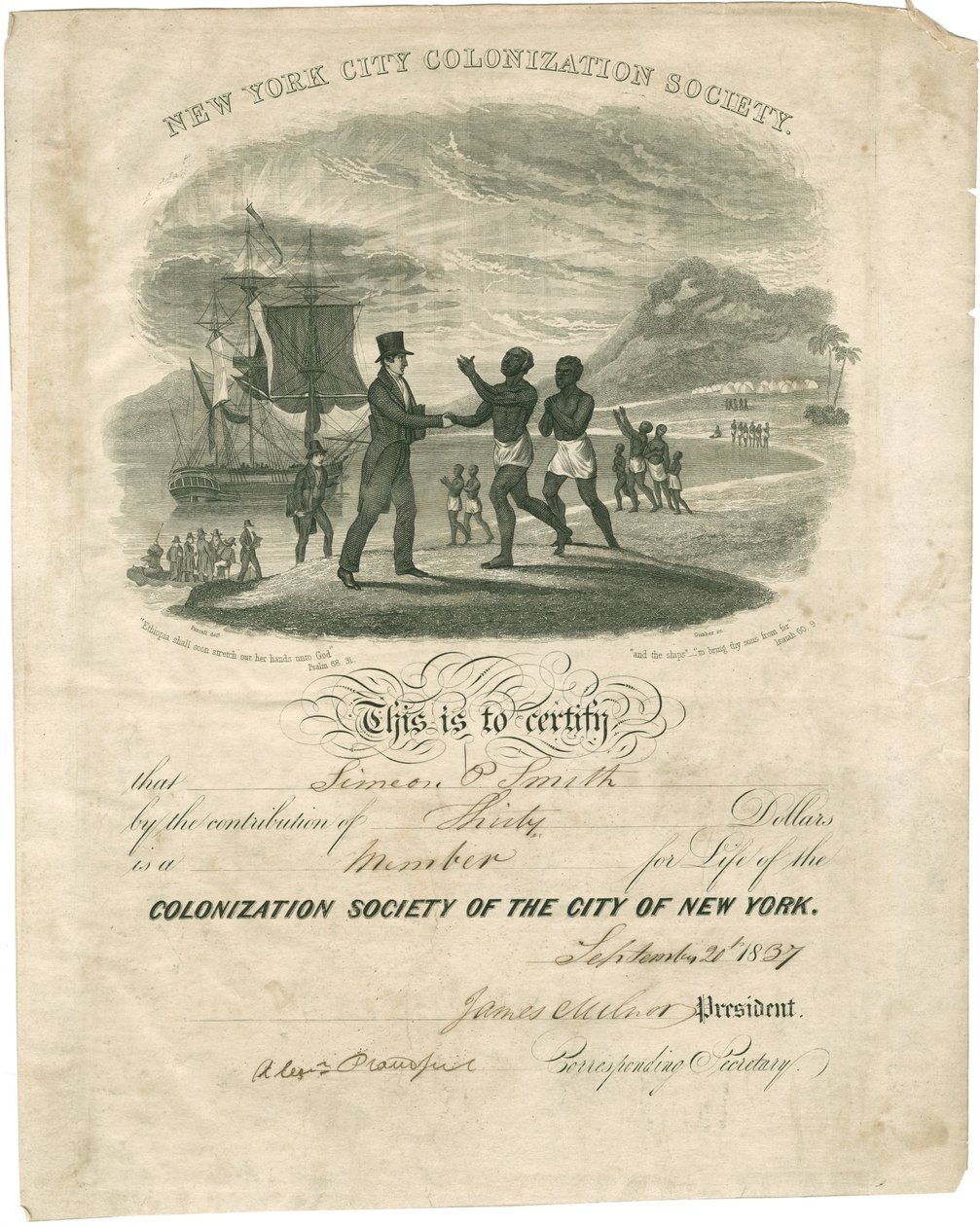 A gyarmatosítási társaság bizonyítványa Simeon P. Smith számára, 1837 alkotó: American School
