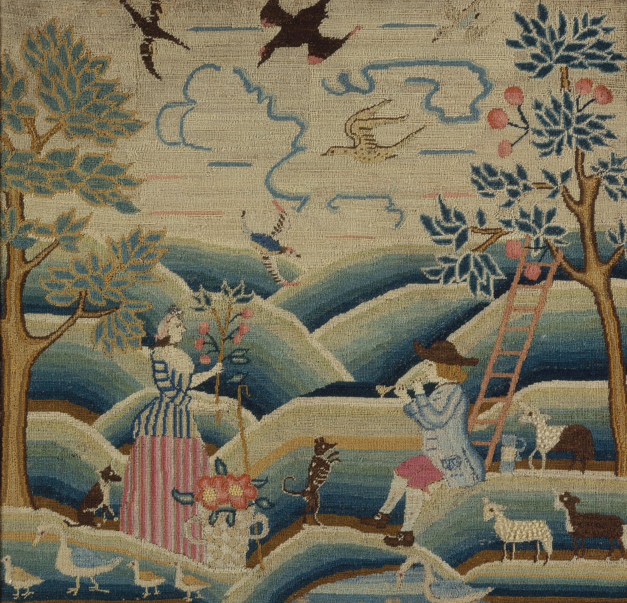 Hímzett kép, 1740 körül (len, gyapjú és selyem) alkotó: American School