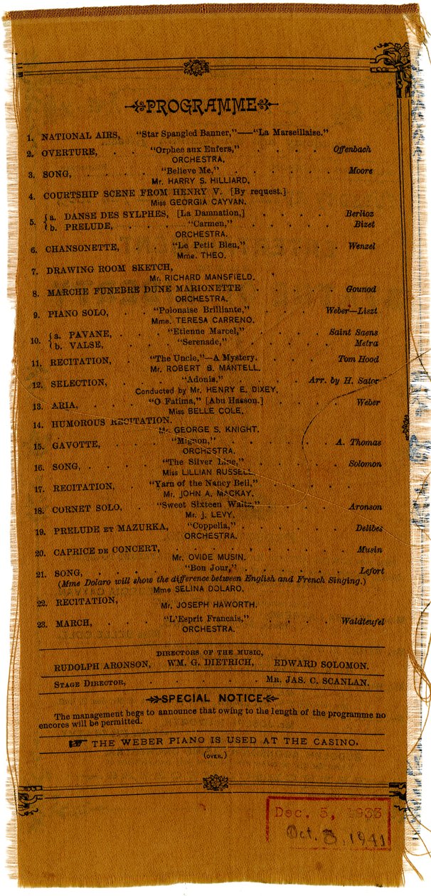 Szórakozás a Szabadság-szobor talapzatalapjának támogatására [verso], 1885 (nyomtatott textil) alkotó: American School