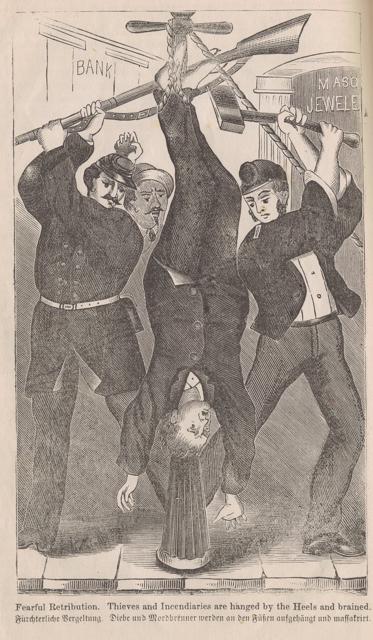Félelmetes megtorlás, Tolvajokat és gyújtogatókat akasztanak a sarkok és agyuk, George L. Barclay A chicagói nagy tüzek című művéből, 1872 alkotó: American School