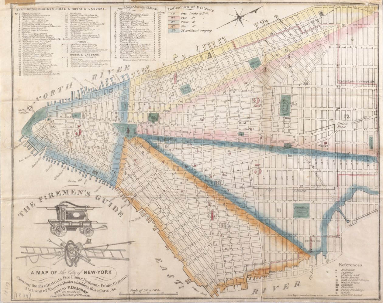 Firemans Guide – New York térképe, amelyen a tűzoltónegyedek láthatók, 1834 (fekete tinta, színes mosási kiegészítésekkel a papíron) alkotó: American School