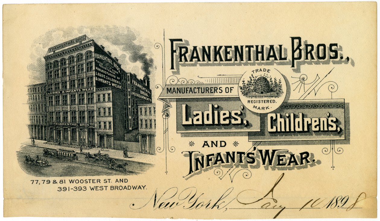 Frankenthal Bros., Manufacturers of Ladies, Children és Infants Wear [kereskedelmi kártya], 1898 alkotó: American School