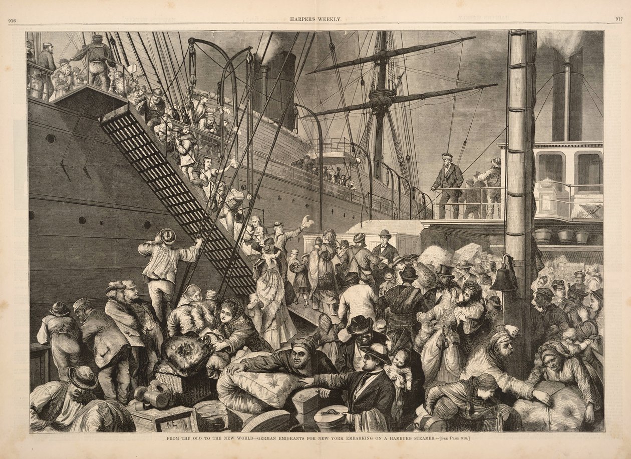 A régitől az új világig – német emigránsok New Yorkba egy hamburgi gőzösön, a Harpers Weeklytől, pub.1874 alkotó: American School
