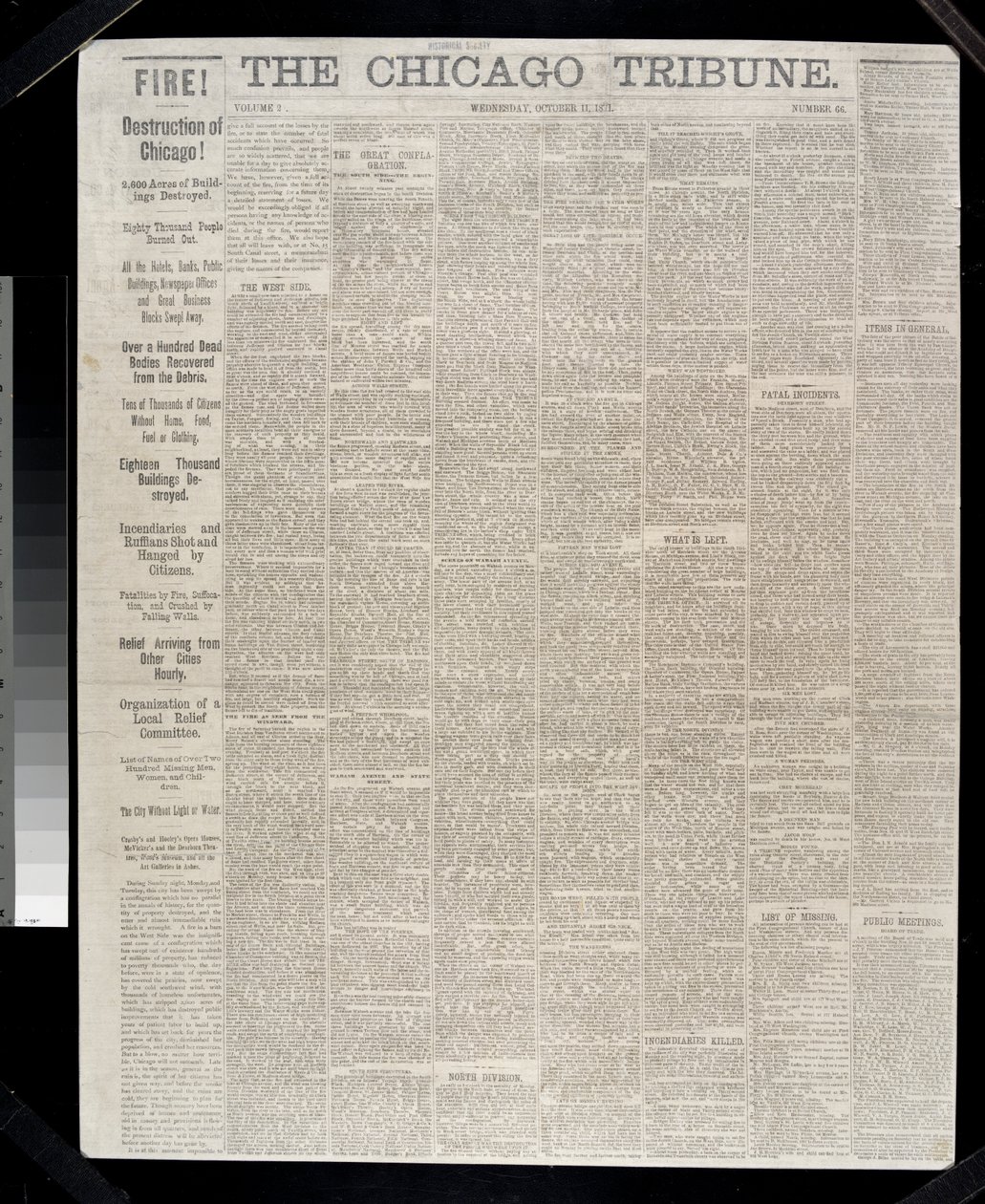 A Chicago Tribune címlapja az 1871-es, 1871-es chicagói tűzvészről alkotó: American School