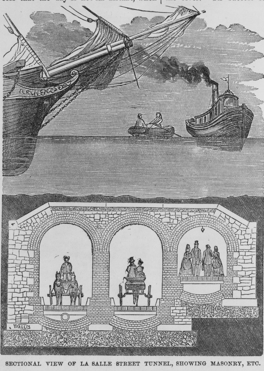 Illusztráció a LaSalle utcai alagút metszeti képéről a Seven Days Chicago-ból, 1878-ban alkotó: American School