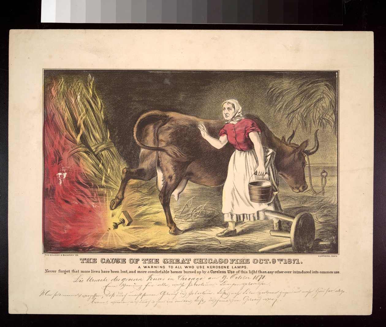 Kate OLeary tehenével, aki lámpást ütöget, az 1871-es chicagói tűz mitikus kezdete, 1872 körül alkotó: American School