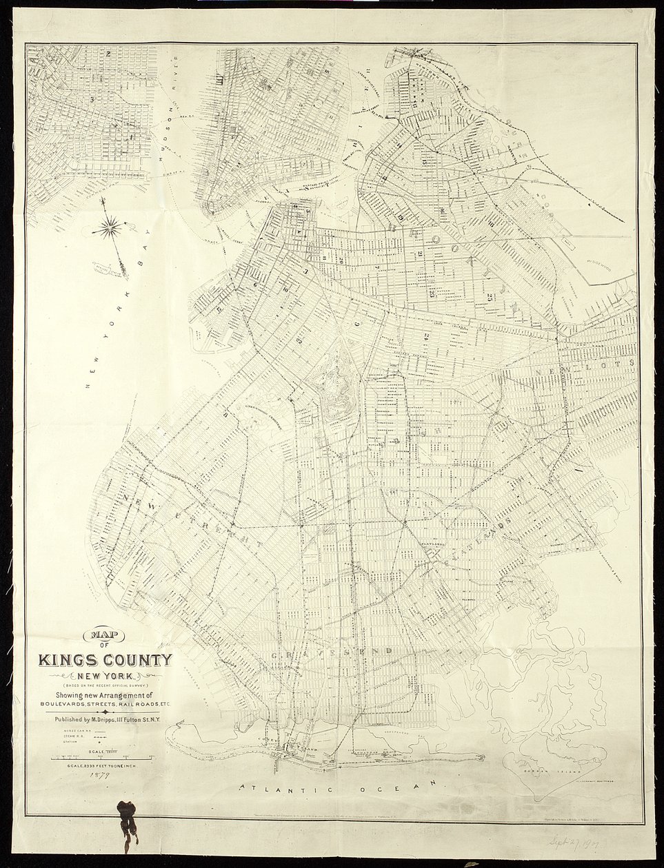 New York állambeli Kings County térképe, 1879, 1879 (fekete tinta papíron, ruhával alátámasztva) alkotó: American School
