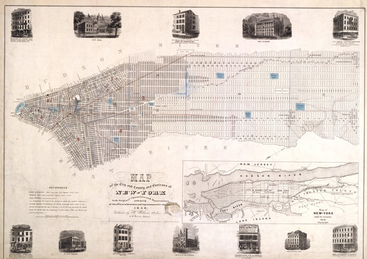 New York város és megye környékének térképe eredeti karakterekkel és illusztrációkkal, 1850, 1850 (fekete tinta papíron, ronggyal alátámasztva) alkotó: American School