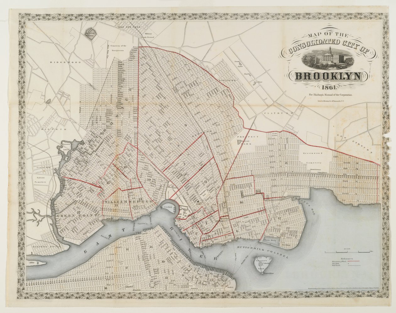 Brooklyn városának térképe, 1861 (metszet wc-vel) alkotó: American School