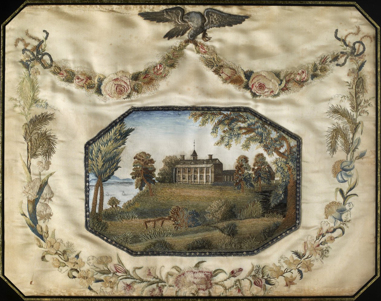 Mount Vernon Virginiában A néhai hadnagy székhelye. George Washington tábornok, c. 1800-1805 (selyem, arany és ezüst fémszálak, akvarellel és spanglivel) alkotó: American School