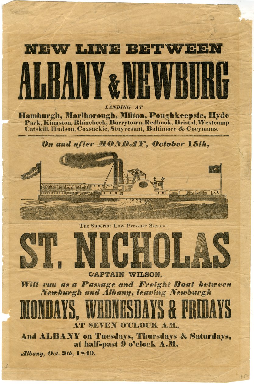 Új vonal Albany és Newburg között... The Superior Low Pressure Steamer St. Nicholas, 1849 (fametszet) alkotó: American School