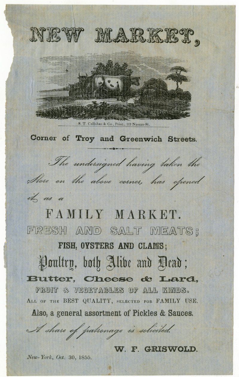 Új piac, Troy és Greenwich Street sarka... Családi piac., 1855 alkotó: American School
