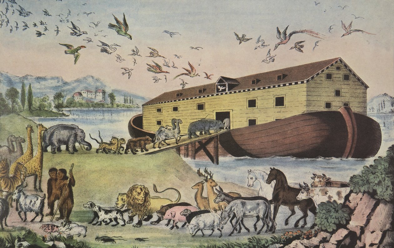 Noé bárkája, és bementek Noéhoz a bárkába, kettő és kettő minden testből, amelyben az élet lehelete van - Gen. VII 15, pub. 1865, Currier & Ives alkotó: American School