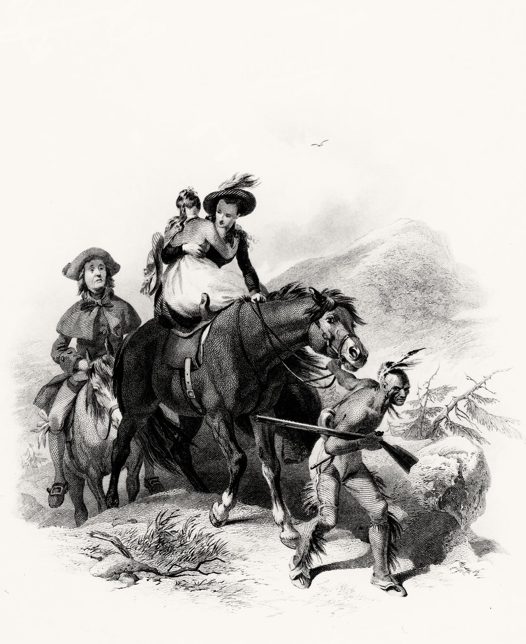 Alice-t Corával egy lóra ültette, megragadta a kantárt, és úgy indult, hogy mélyebbre zuhant az erdőbe. Illusztráció az Utolsó mohikánokból, James Fennimore Cooper, 1826 alkotó: American School